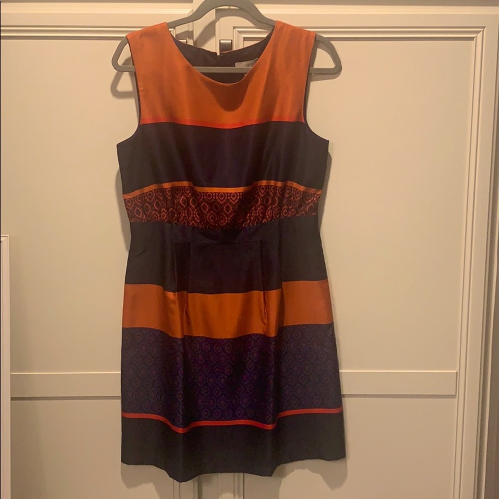 Loft burnt orange & navy pattern sleeveless dress